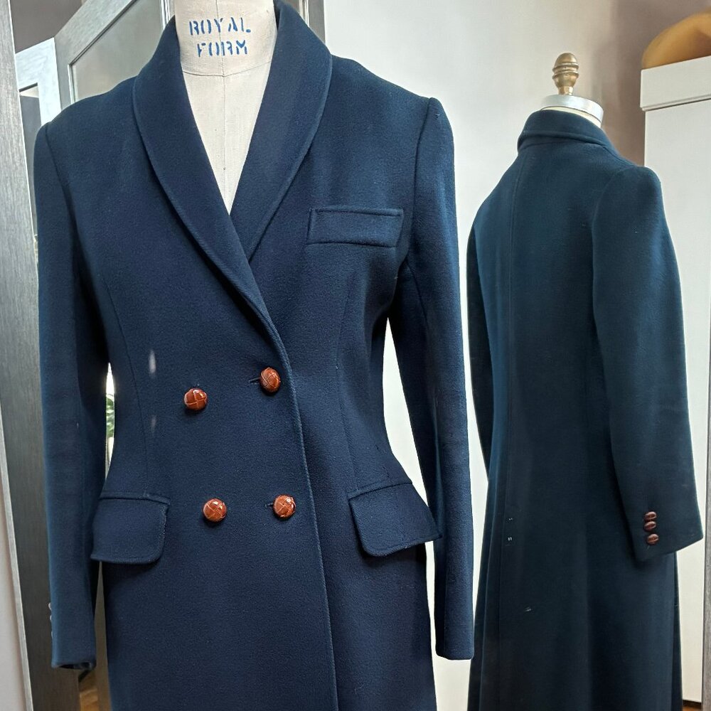 Larry Levine Vintage Dark Blue Long Wool Coat, Double Breasted, Size Small